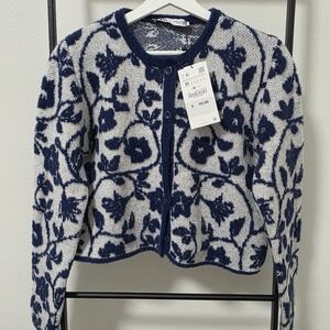 Zara Navy and White Floral Cardigan